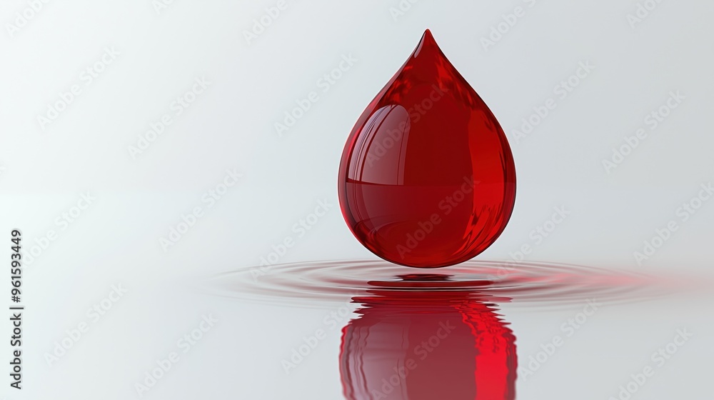 Poster a close-up of a vivid red drop capturing light and forming ripples on a reflective surface, symboliz
