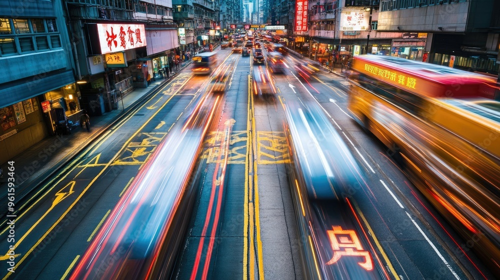 Poster high-speed blur of traffic in hong kong's urban center, with distinct chinese characters on road mar