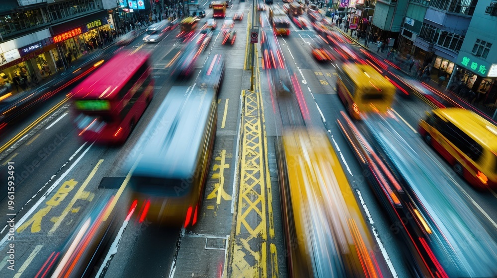 Poster high-speed blur of traffic in hong kong's urban center, with distinct chinese characters on road mar