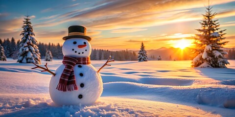 Fototapeta premium Cheerful snowman glowing in a beautiful winter wonderland at sunset