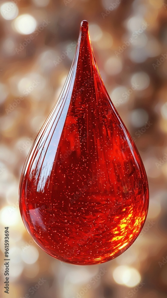 Poster a vibrant red drop suspended in the air, glimmering with tiny bubbles, creating a striking visual ef