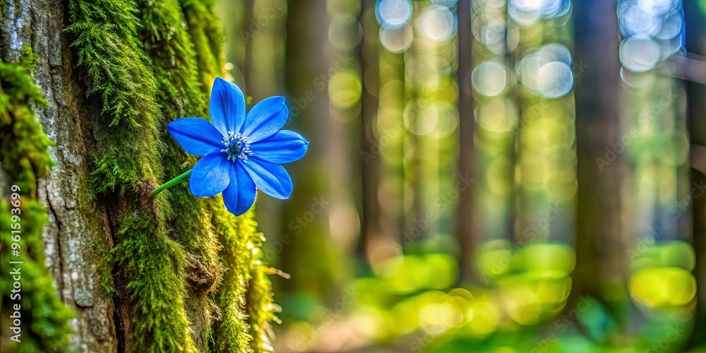 Sticker Blue flower on tree in lush forest setting