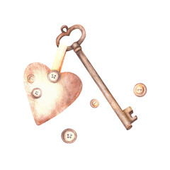 Vintage key with a heart keychain. Watercolor hand drawn illustration. Valentines Day gift. Old...