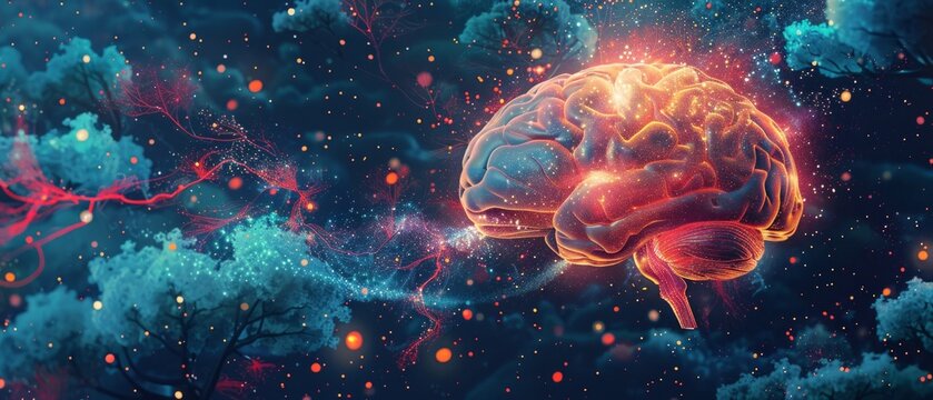Abstract digital brain illustration in reddish-orange neon against dark blue space with neural fiber optic connections. Smoke adds depth. - Powered by Adobe