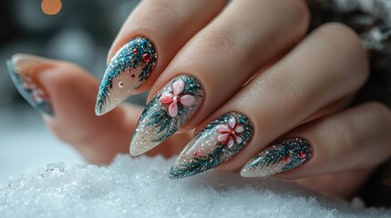 Beautifully designed long nails with floral and glitter art on a snowy background, perfect for winter nail inspiration.