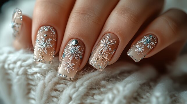 Beautiful winter nail art featuring intricate snowflake designs and gems, perfect for holiday celebrations and seasonal aesthetics.