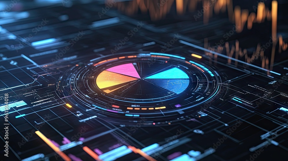Poster Interactive 3D pie chart with floating labels and percentages, digital interface elements surrounding it