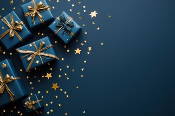 A stylish arrangement of black gift boxes with golden ribbons and bows,