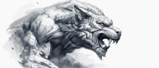  A black-and-white drawing of a wolf's head with an open mouth revealing widely bared teeth