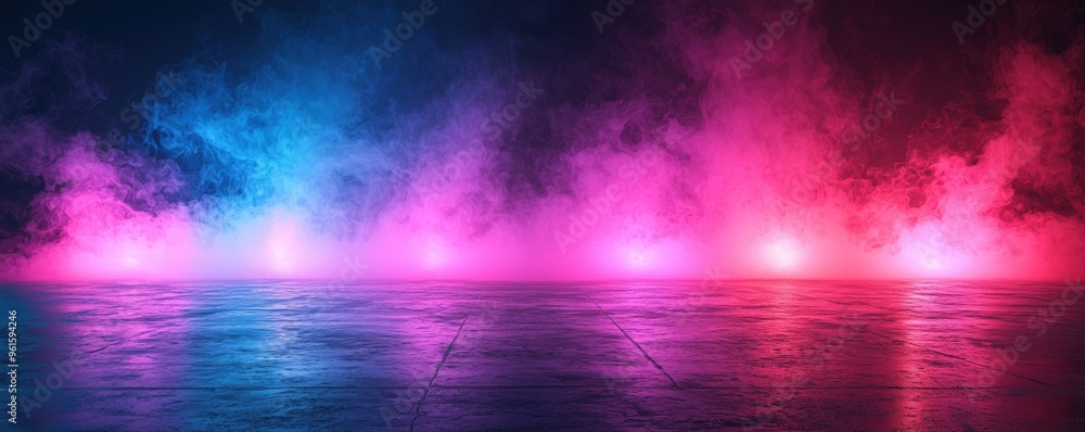 Poster Vibrant light fog in a dynamic setting, creating an abstract backdrop ideal for creative projects and visual displays.