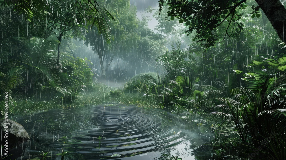 Aufkleber a secluded jungle clearing experiencing a soft rain, with delicate drops causing ripples in a small 