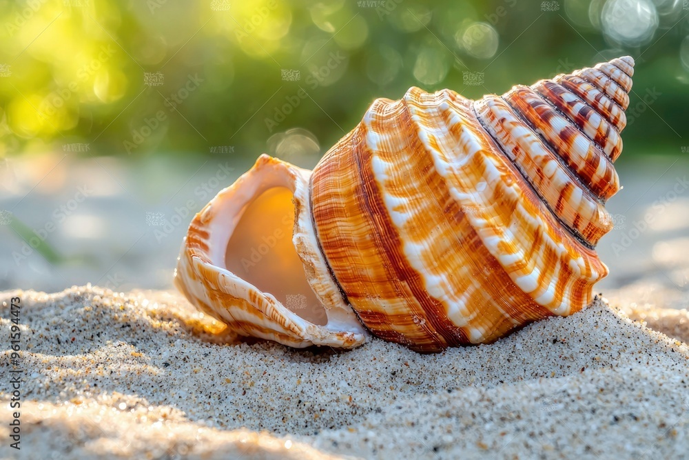 Poster a seashell with intricate patterns rests on sand