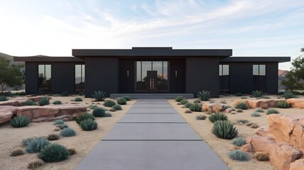 Fototapeta premium Dark painted modern estate in desert, Homes in nature, Desert environment, Entrance to house.