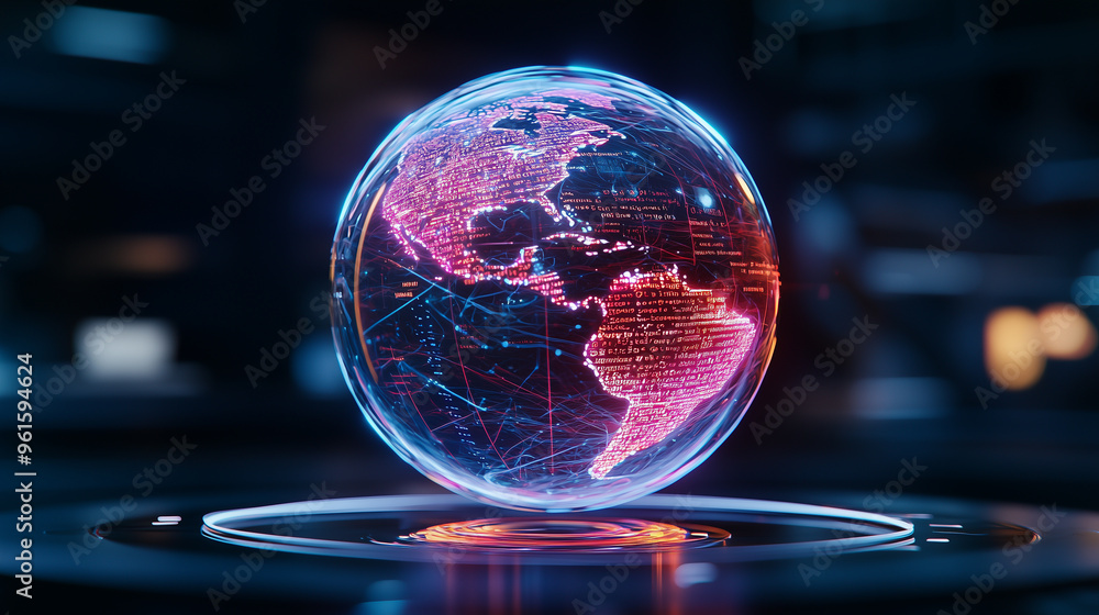 Poster Abstract digital globe with futuristic light patterns, representing global data and technology. hologram