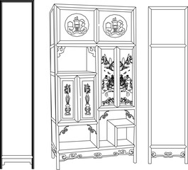Vector sketch illustration of the silhouette of a furniture design, table, chair, cupboard, full of ornate ornaments, vintage classic ethnic traditional Chinese carvings