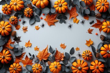 Fototapeta premium Halloween flat lay with pumpkins, orange leaves, black spiders, and pinecones on a gray background. Halloween background.