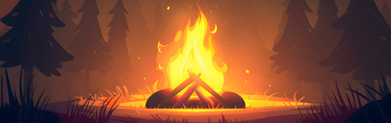 Bonfire flames enchanting night scene dark sky flat design illustration in the background