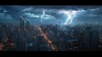 Lightning illuminating the sky above the Maring cityscape, with iconic buildings outlined against the storm.