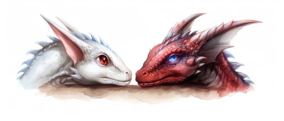 Fototapeta premium Red and White dragons confront each other against a pristine white background Their faces - one red, one white - are distinctively defined