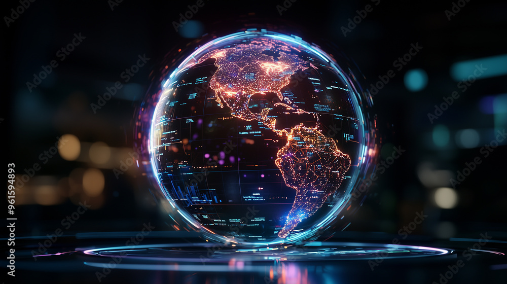 Poster Abstract digital globe with futuristic light patterns, representing global data and technology. hologram