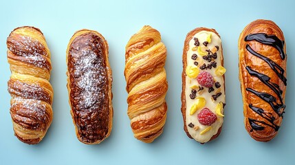 Freshly baked pastries, including Danish and eclairs, set against a soft blue background, each item showcasing its golden-brown crust and creamy filling