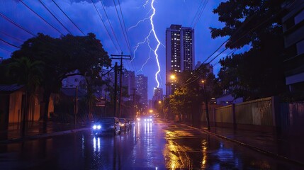 Naklejka premium Lightning strike near the main avenues of Maring the sudden flash highlighting the urban environment.