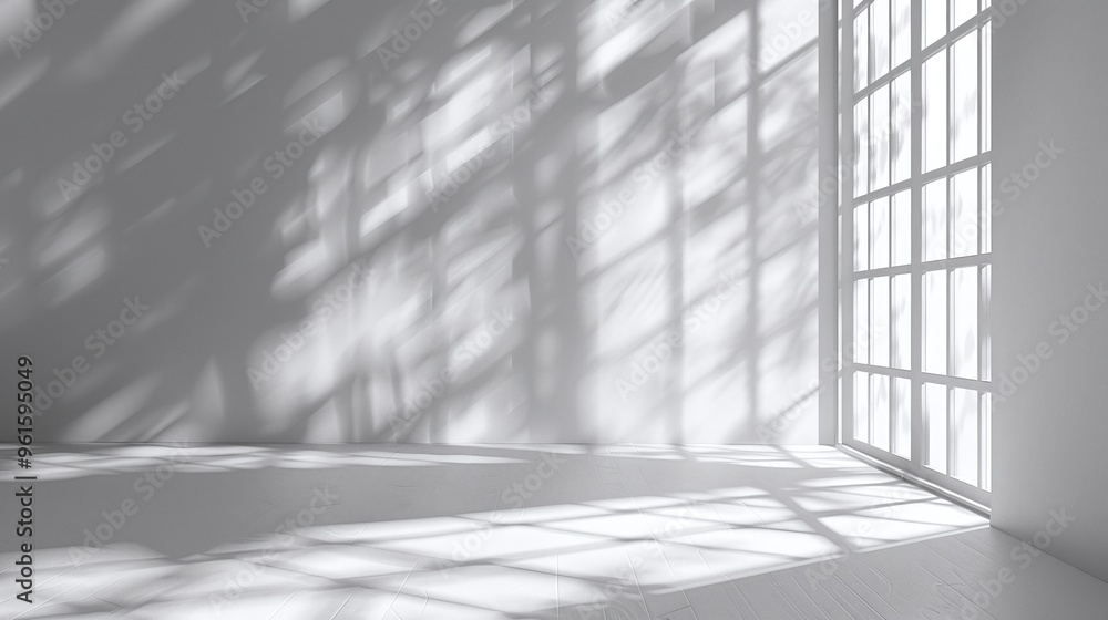 Poster minimalist abstract background with blurred natural light and window shadow overlay, white wall text