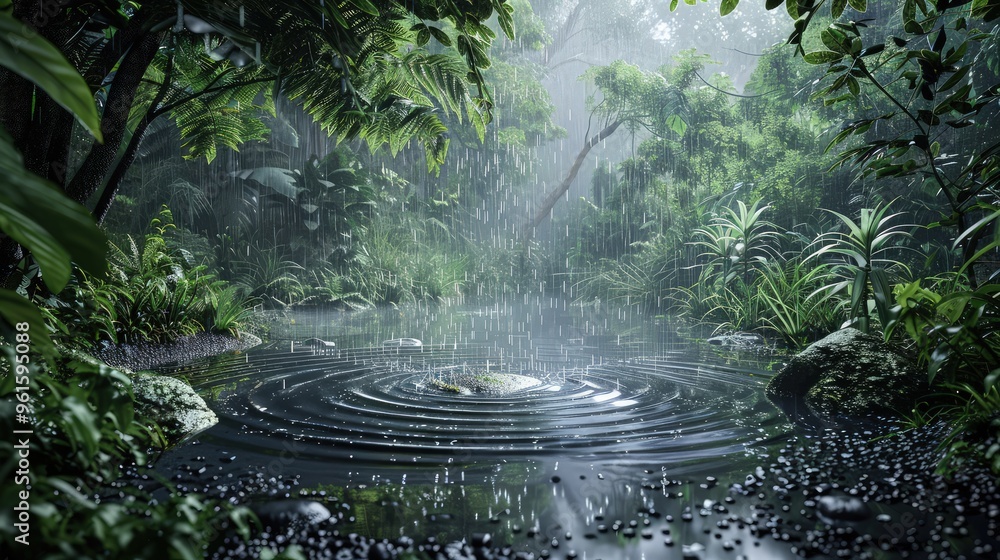 Poster a secluded jungle clearing experiencing a soft rain, with delicate drops causing ripples in a small 
