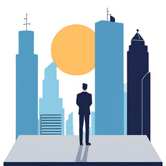 Successful businessmen and women standing with arms crossed looking at each other and city in the background.
