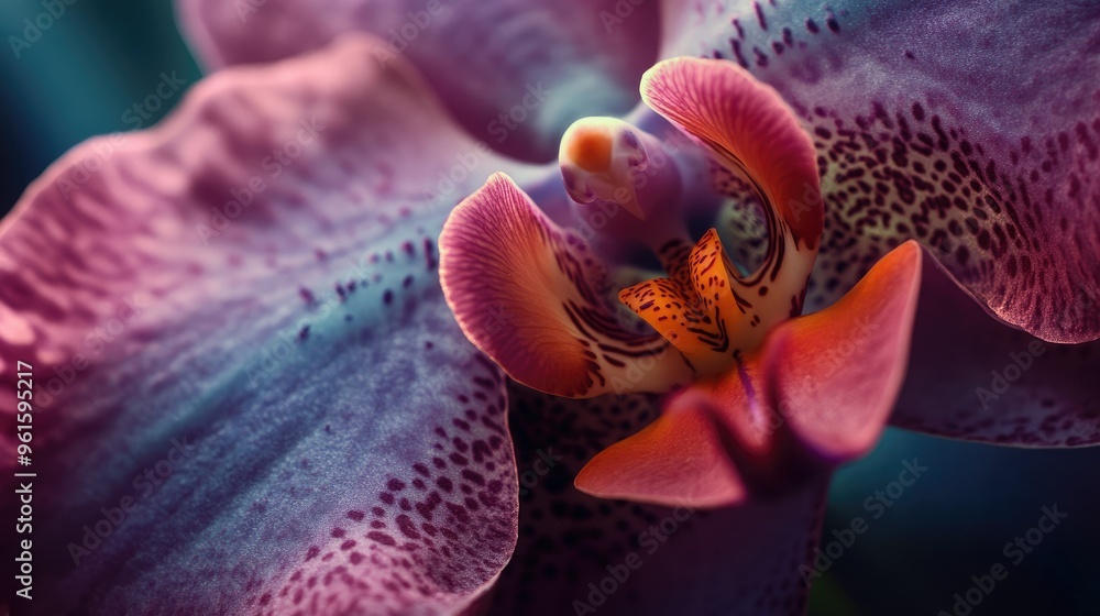 Poster macro image of an orchid, emphasizing its unique patterns and velvety petals