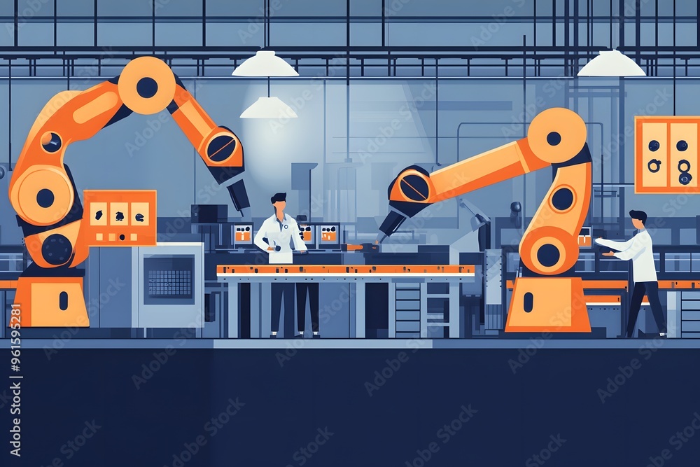 Poster factory workers collaborating with robotic arms on a production line