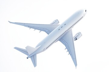 A three-dimensional rendering of a white passenger airplane in mid-flight