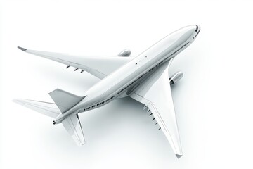 A three-dimensional rendering of a white passenger airplane in mid-flight,