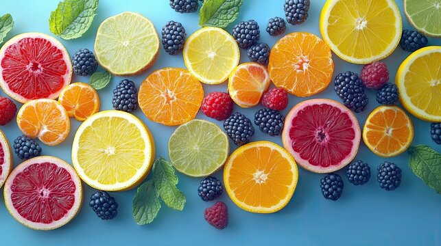 Fresh fruit, such as berries and citrus slices, arranged on a soft blue background, their natural colors and textures providing a refreshing and visually appealing composition
