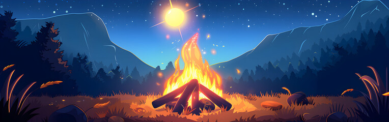 Bonfire set up in a fire pit with wood stacked nearby ready flat illustration in the background