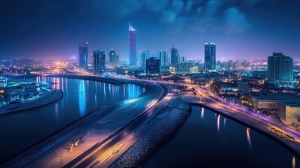 Fototapeta premium Manama, Bahrain, at night with the Four Seasons and Hilton Hotels glowing in the distance, creating a luxurious cityscape.