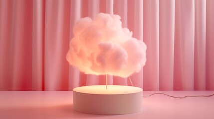 A glowing pink cloud-shaped lamp rests on a sleek, circular table, set against a backdrop of soft pink curtains. The scene is minimalistic yet striking, perfect for contemporary interior design themes