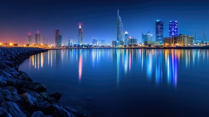 Fototapeta premium Manama, Bahrain, at night with the Four Seasons and Hilton Hotels glowing in the distance, creating a luxurious cityscape.