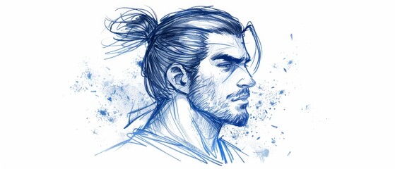  A man's face depicted with a single ponytail located in the middle of his hair