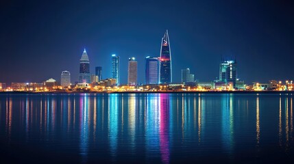 Obraz premium Manama's skyline at night, featuring the illuminated Four Seasons and Hilton Hotels, with reflections shimmering in the bay.