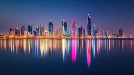 Manama's skyline at night, featuring the illuminated Four Seasons and Hilton Hotels, with reflections shimmering in the bay.