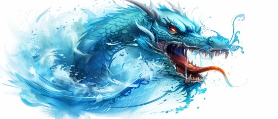  A painting of a blue dragon with open mouth, surrounded by water splashes