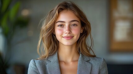 Obraz premium 27. Detailed half-body portrait of a young woman in a fitted blazer, looking directly at the camera with a bright smile, against a minimalist office backdrop