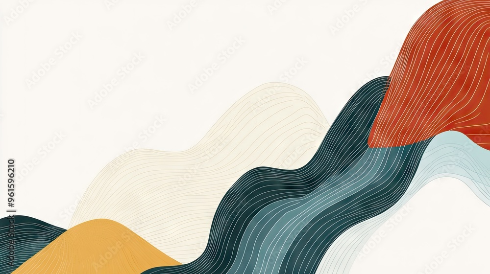 Poster minimalist abstract stripe design with wave lines on a white background, using a vibrant color palet