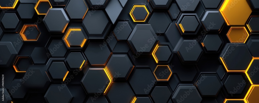 Poster black background with gray and yellow hexagons, modern abstract geometric pattern with hexagonal sha