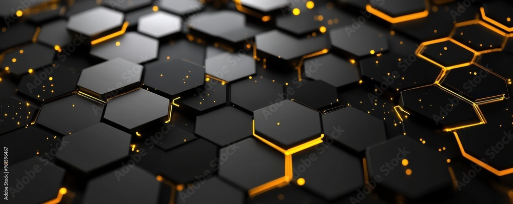Poster black and gray hexagonal pattern with yellow glowing edges on a dark background, creating a modern a
