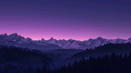 The serene beauty of a winter morning, with a range of snowy peaks beneath a deep purple sky, and a dark, thick forest line.