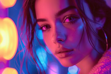 Vibrant city lights illuminate a captivating face in a cyberpunk night setting