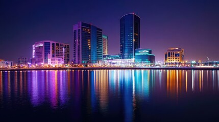 Fototapeta premium Night view of Dubai Festival City, showcasing the illuminated Hotel Crowne Plaza and Hotel Intercontinental with city lights reflecting on water.