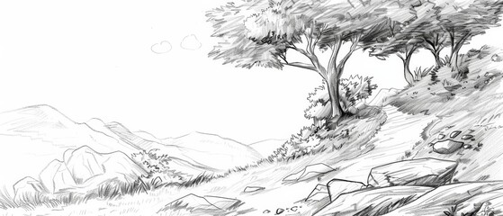 Fototapeta premium A monochrome depiction of a tree atop a hill, surrounded by rocks; behind stands a mountain in grayscale